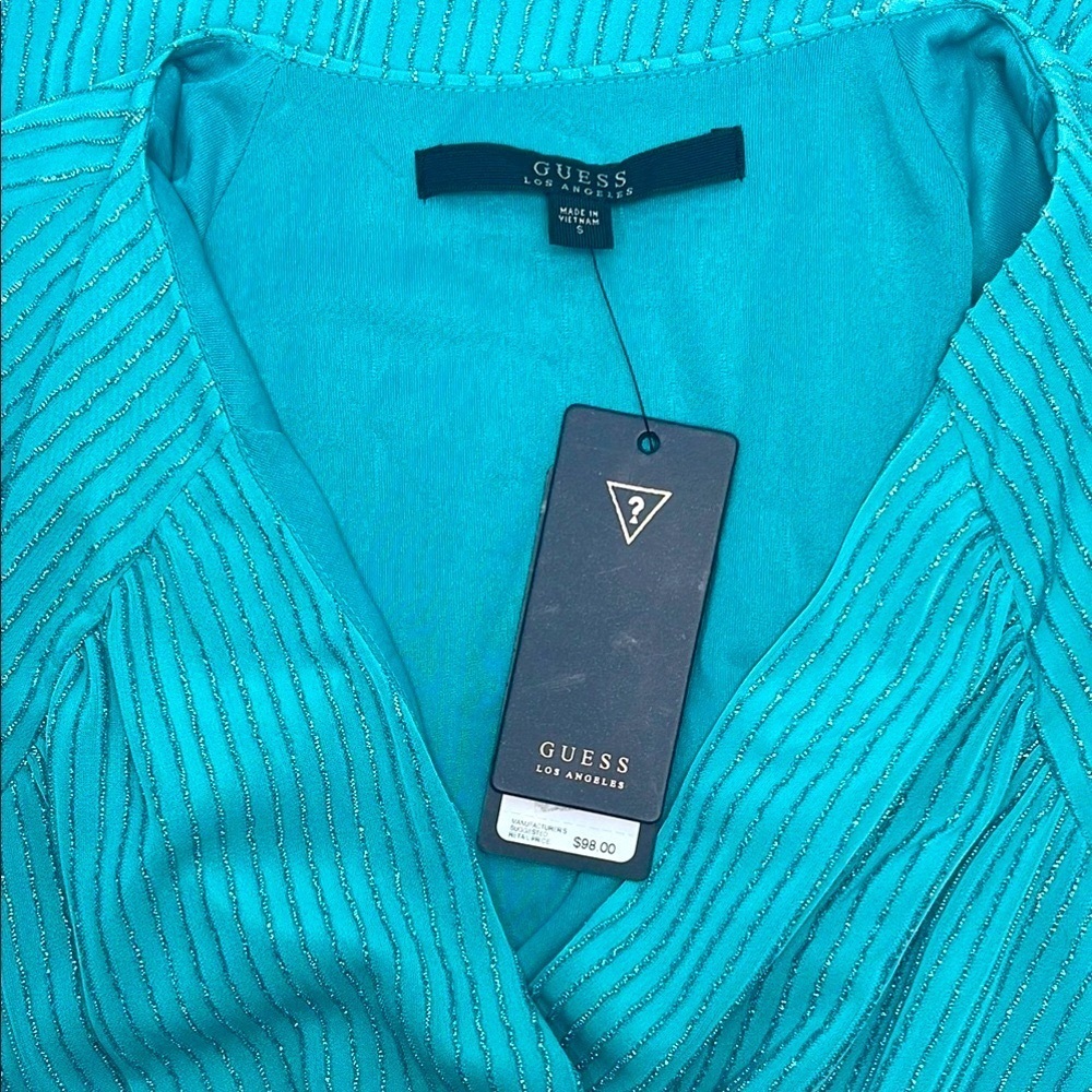 GUESS Metallic Tiffany Blue Ruched Wrap Mini Dress Prom Party Small $98 Retail - Picture 9 of 17